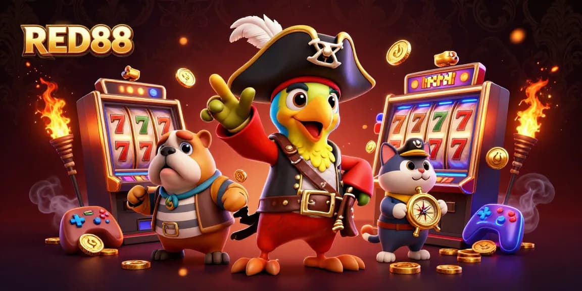 Play casino slots at RED88 with a vibrant pirate-themed illustration showcasing colorful gaming elements.