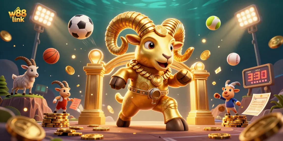 Experience the excitement with W88 link as a golden ram charges through sports betting elements and vibrant coins