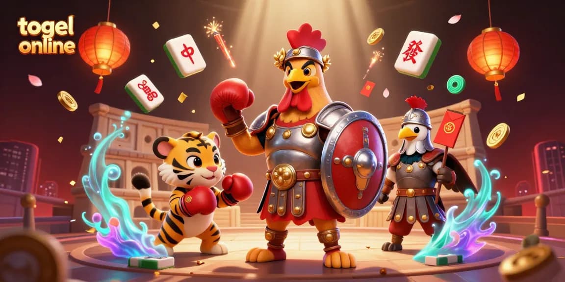 Engage with togel online through an energetic 3D illustration featuring vibrant elements and gambling-themed characters.