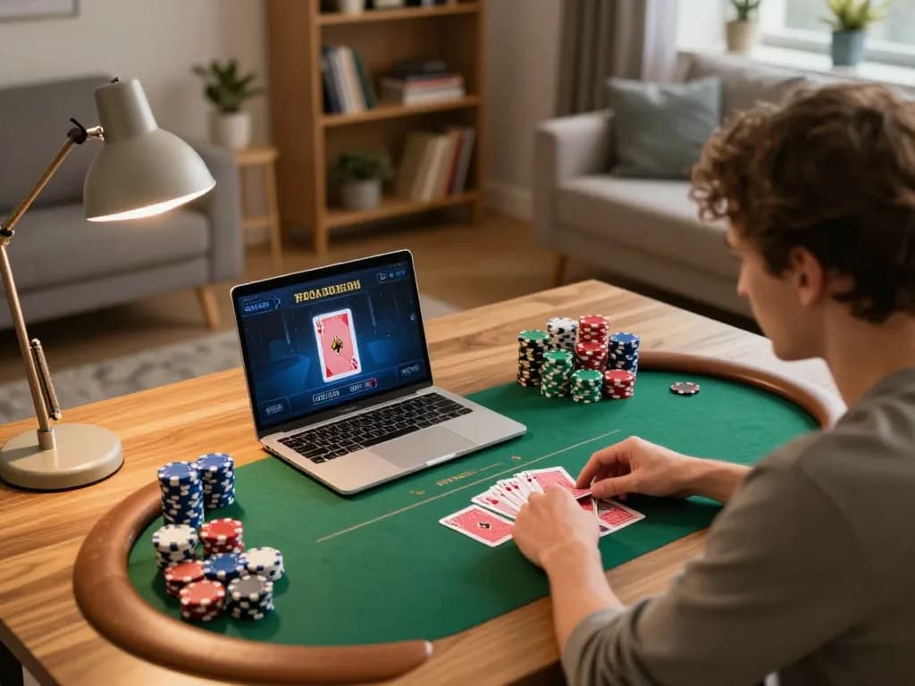 Engaged player enjoying Canadian online casinos at home with poker gameplay displayed on laptop screen.
