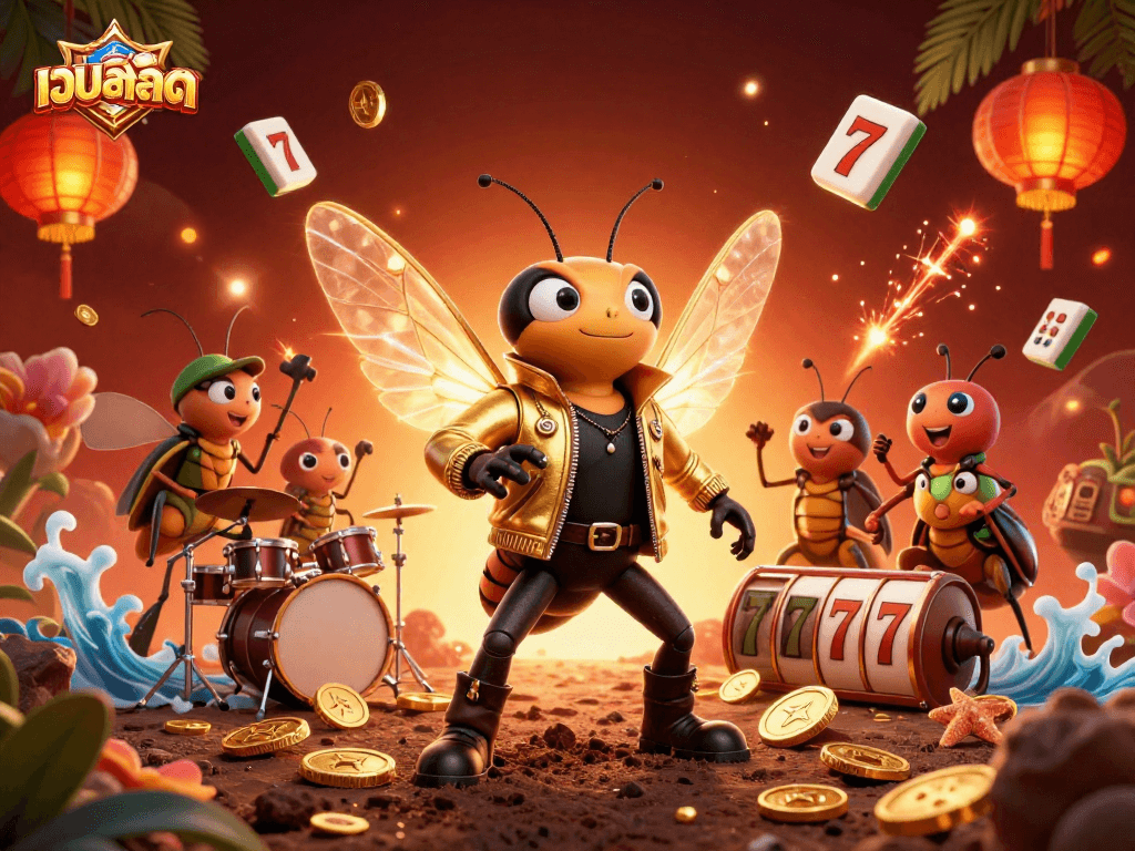 Play exciting เว็บสล็อต games with vibrant visuals, featuring a dynamic cicada rock star and lively casino elements.