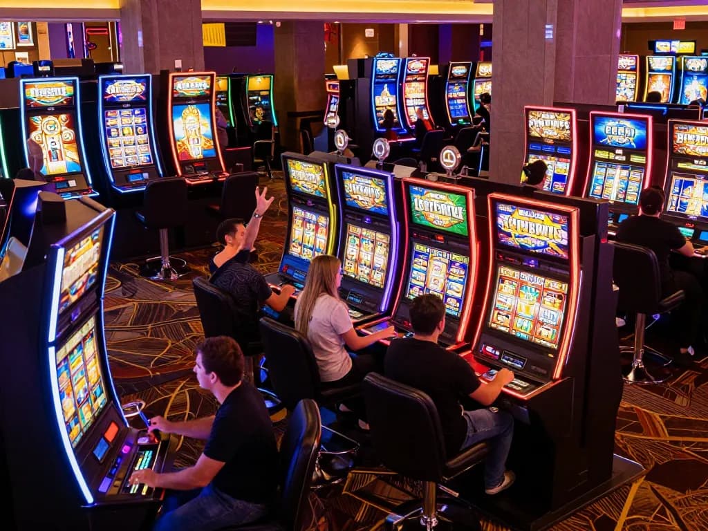 Players enjoying slot machines with colorful displays in a vibrant casino atmosphere.