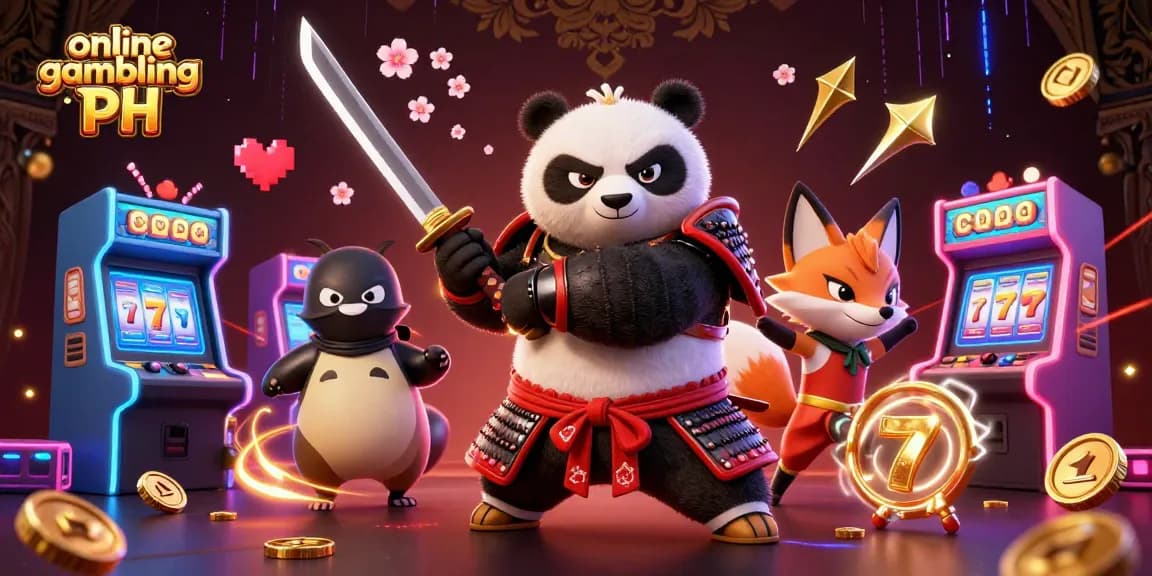 Experience thrilling online gambling PH action with a panda samurai and ninja fox amidst vibrant slot machines.