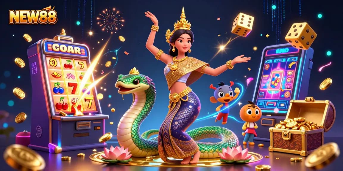 Experience thrilling gaming at NEW88 casino with vibrant characters and dynamic slot elements.