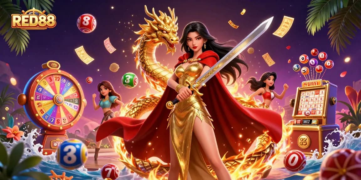 Experience the thrill of RED88 with vibrant lottery elements and a warrior queen illustration.