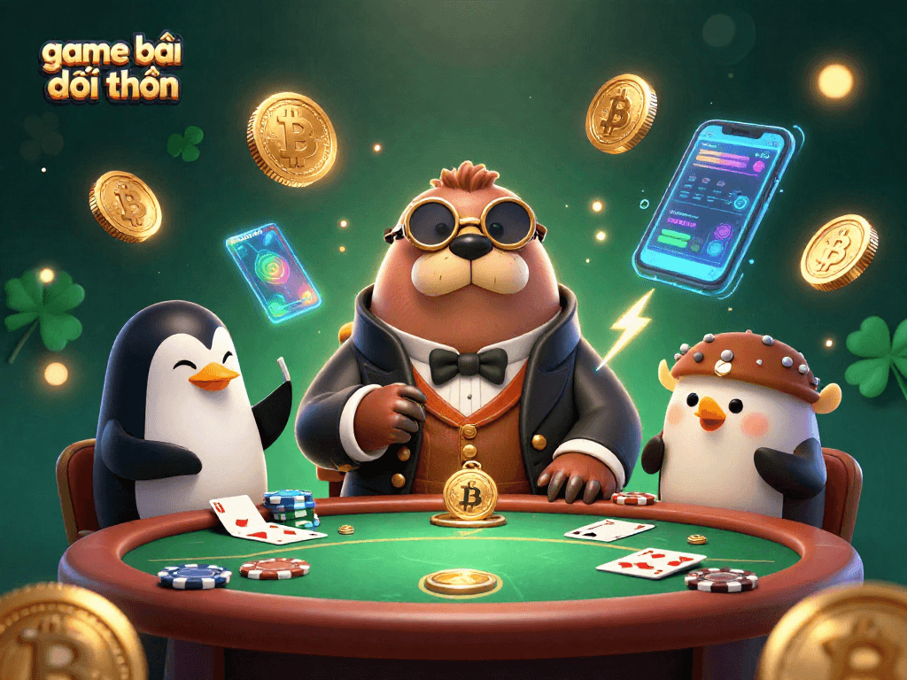 Experience the excitement of game bài đổi thưởng with our vibrant poker scene featuring a jolly walrus.