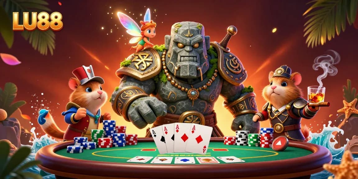 Engage in thrilling poker gameplay at LU88 with a mystical scene featuring ancient characters and vibrant casino elements.