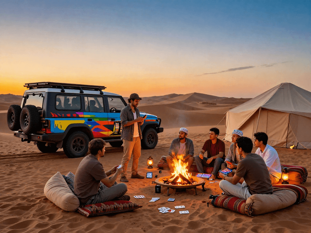 Adventurers enjoying a desert safari at sunset, discussing toto slot gaming experiences.