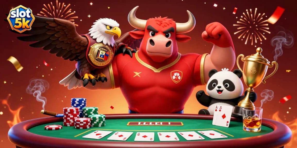 Experience thrilling action with slot 5k as a muscular bull, eagle, and panda celebrate a poker win amidst festive casino decorations.