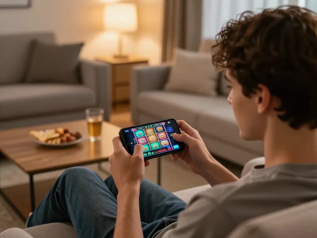 Engaging gaming moment at home with af88 visible on smartphone screen, player enjoying responsible online slots.
