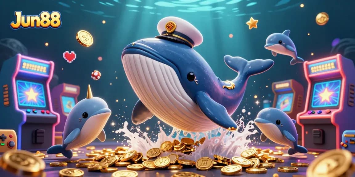 Experience exciting gaming with Jun88 featuring a whale and dolphins in a colorful casino scene