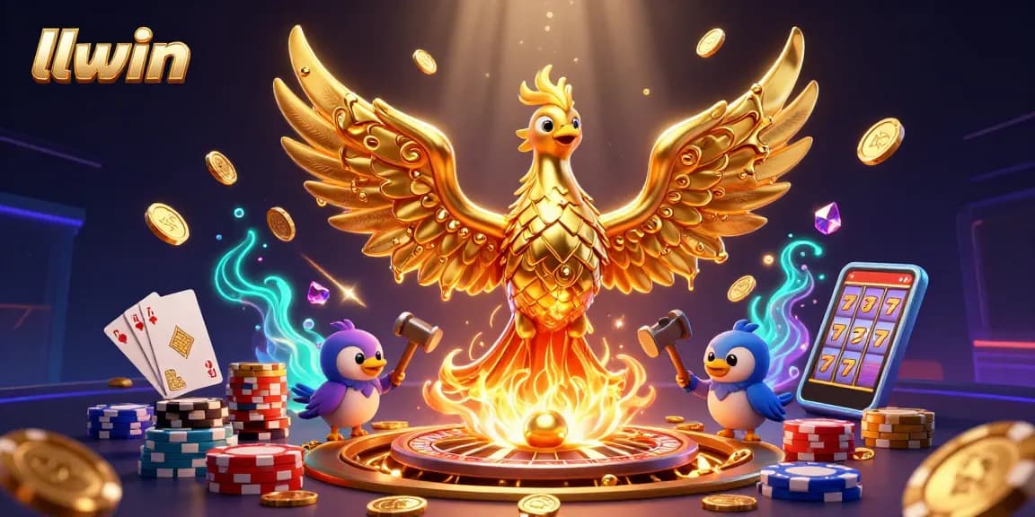 Experience the thrill of winning at llwin with an engaging 3D casino scene featuring golden phoenix and game elements.