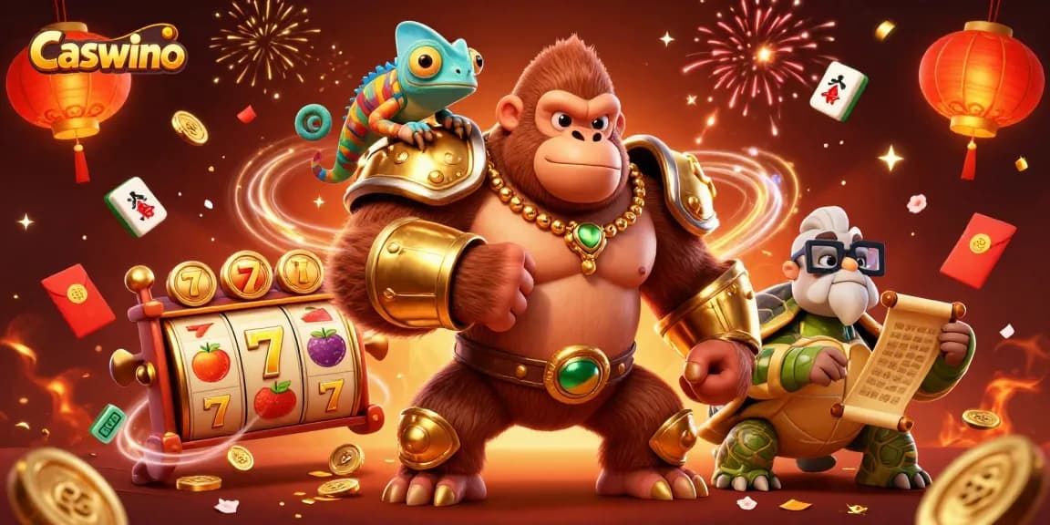 Caswino casino featuring a gorilla in golden armor, chameleon companion, and tortoise with gaming elements.