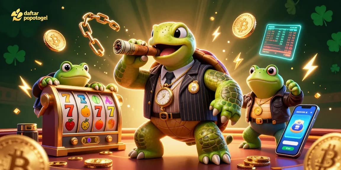 Experience daftar popotogel at this exciting slot gaming scene featuring vibrant colors, fun characters, and classic casino elements.