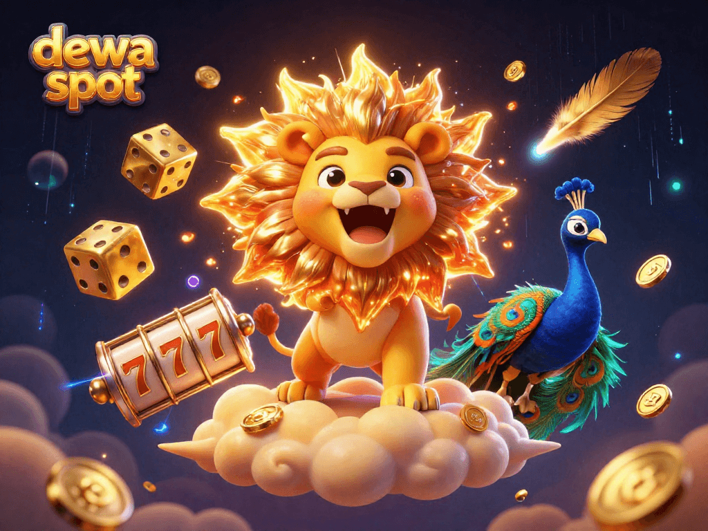 Permainan dewa slot yang menarik dengan putaran slot dan singa matahari berbinar sambil menghasilkan koin emas.