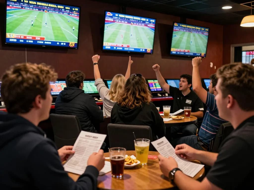 Engaged customers placing bets at lc88 sportsbook with live game screens in the background.