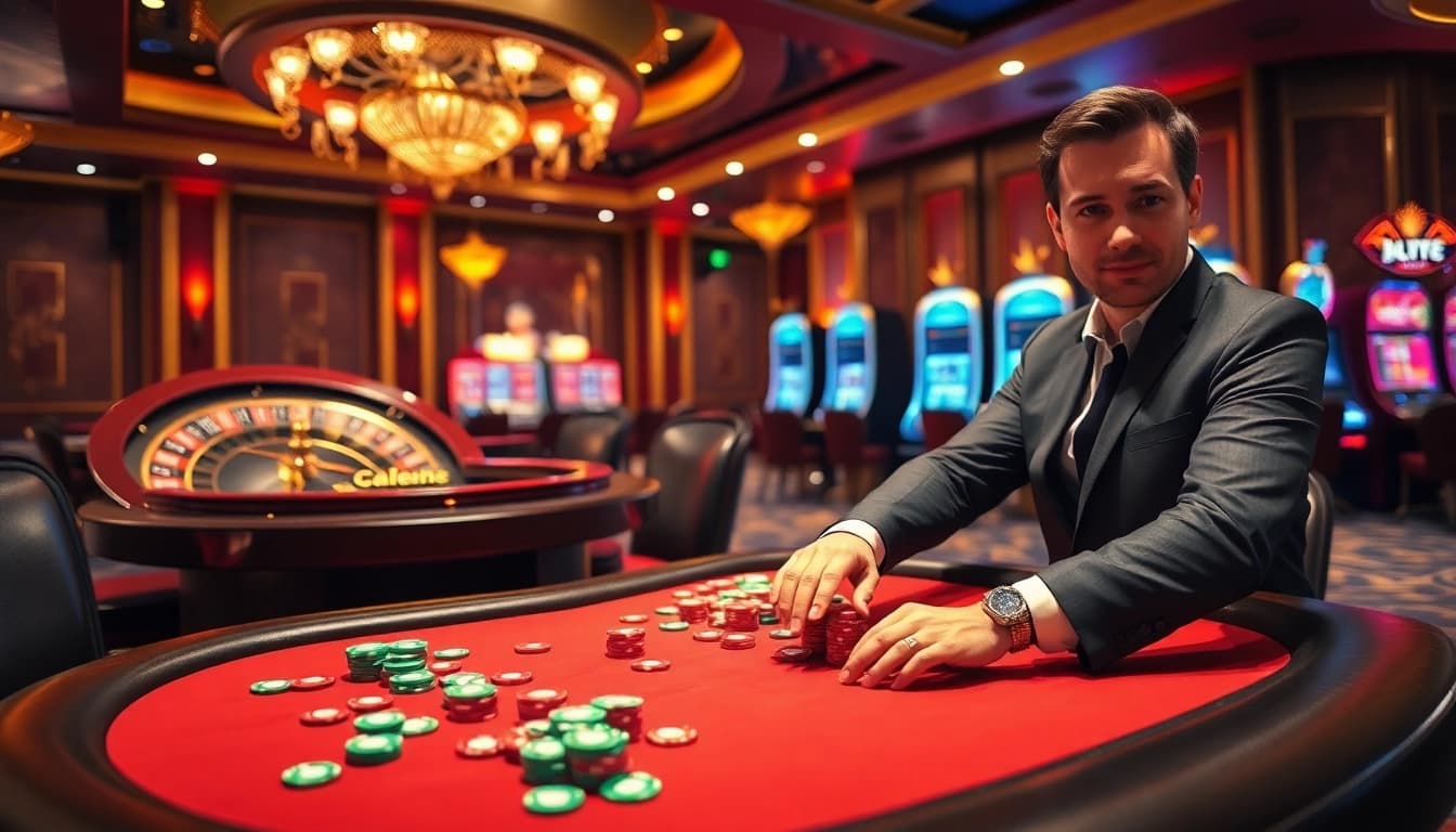 Experience the excitement of viral4d at a luxurious casino with vibrant tables and spinning roulette.