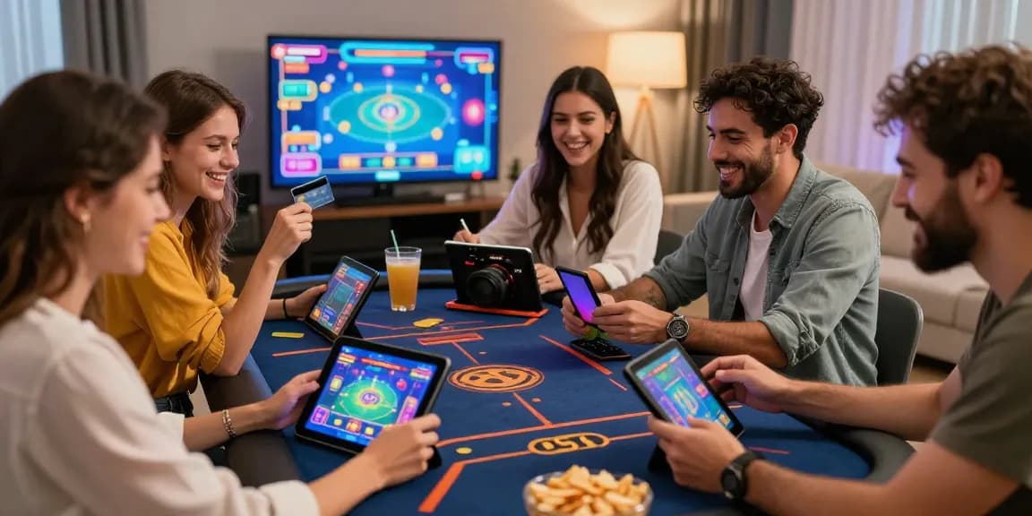 Exciting scene of friends enjoying credit card casinos with mobile devices and laughter in a modern setting.