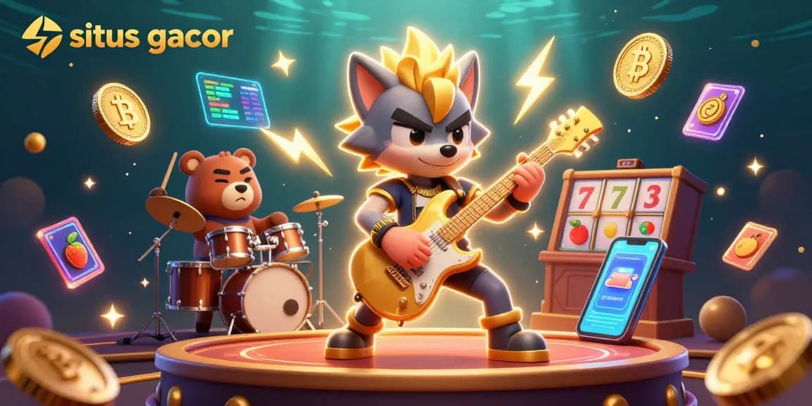 Experience situs gacor with a dynamic casino scene featuring a rock star wolf and a wild drummer bear.