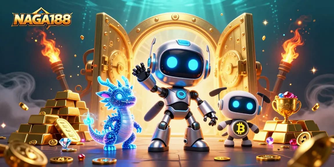 NAGA188 menyediakan pengalaman perjudian online dengan robot futuristik, naga holografik, dan simbol bitcoin yang menarik.
