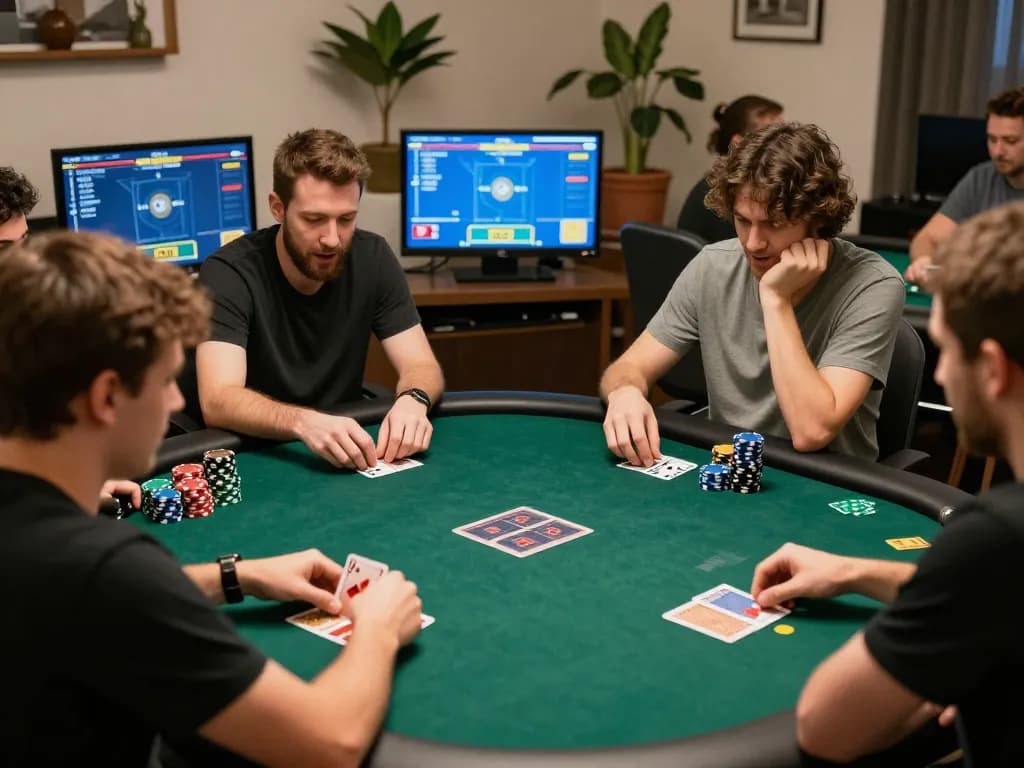 Engaging players in a lively poker match showcasing caricature Chatgpt creativity and strategy in an online gaming environment