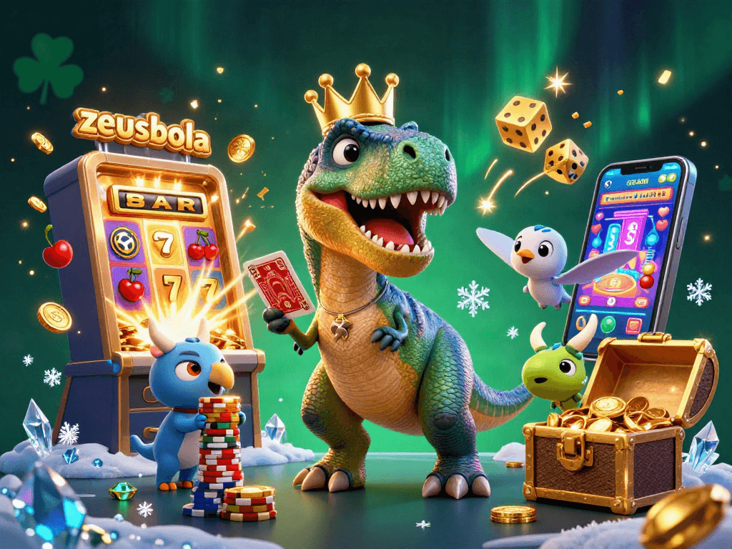 Experience excitement with zeusbola, featuring a playful T-Rex card shuffling amidst a jackpot explosion!