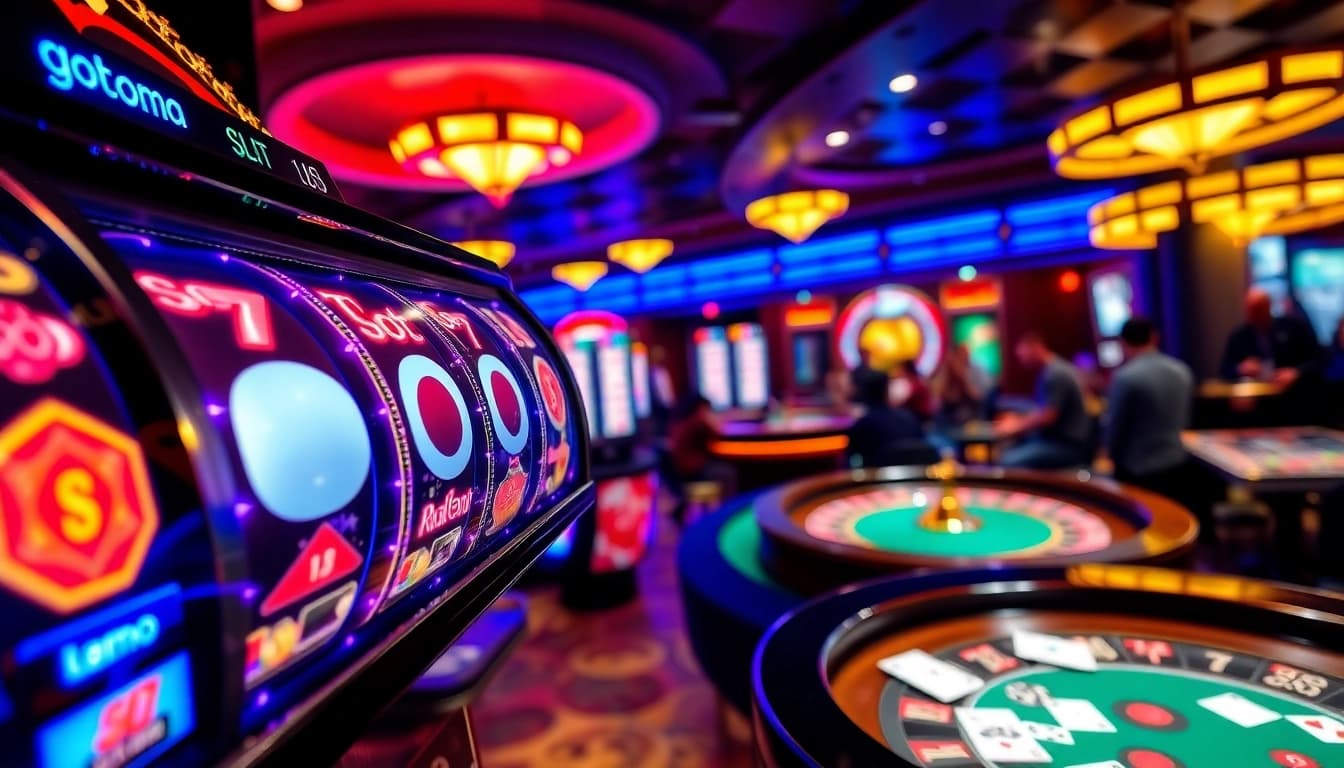 Experience the excitement of a slot gacor demo with vibrant casino visuals showcasing dynamic slot machines and players.
