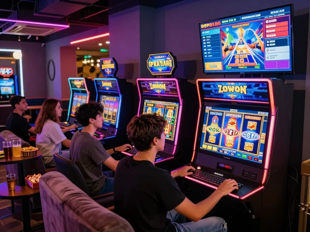 Exciting Zeus138 gaming lounge where diverse players enjoy slot machines amid vibrant lights.