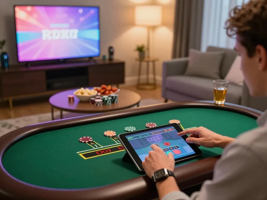 Players enjoying online blackjack at home with 789bet tablet interface, showcasing a lively gaming atmosphere.