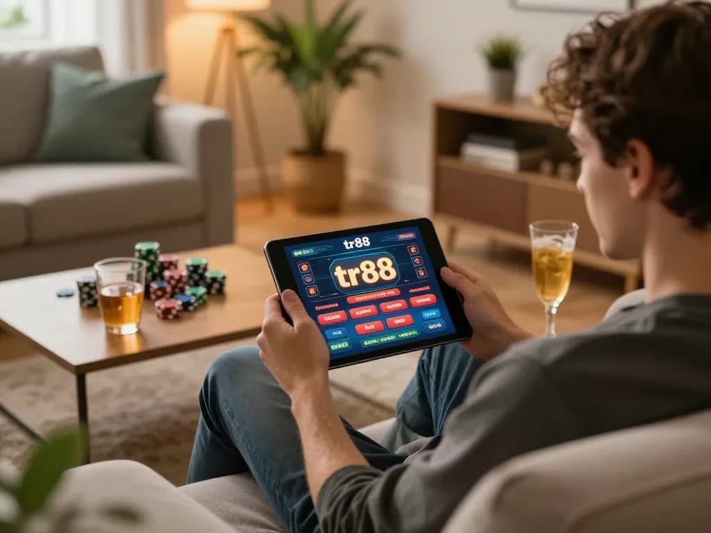 Player engaging with tr88 casino app on tablet in cozy home setting, showcasing online gambling experience.