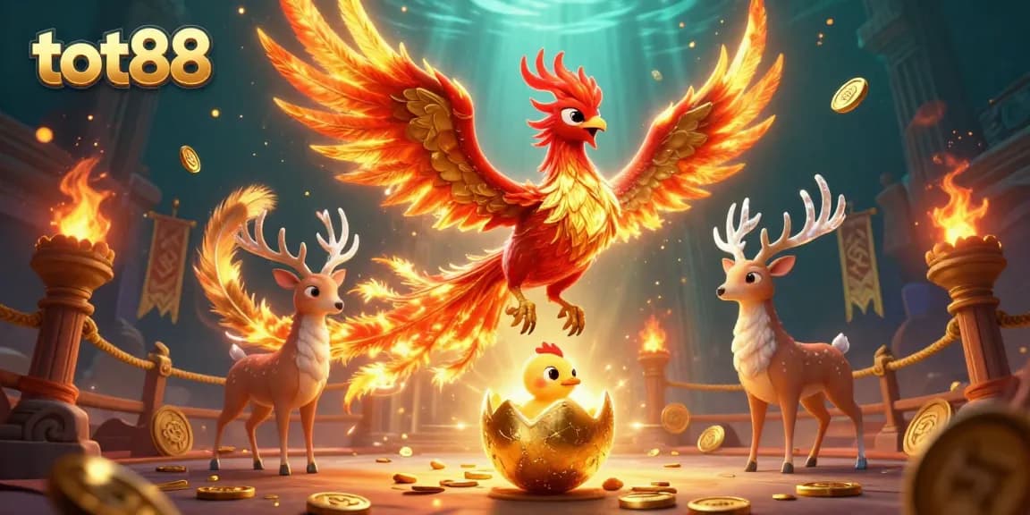 Experience thrilling gaming with tot88 in a vibrant 3D casino world featuring phoenixes and golden treasures.