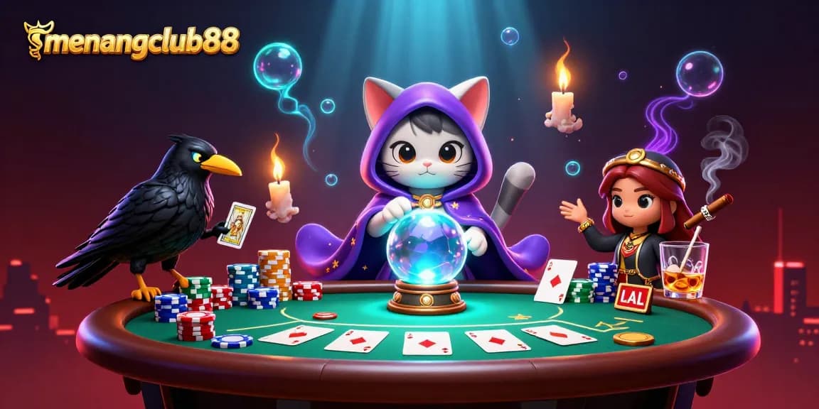 Experience entertainment with menangclub88 in a vibrant online casino-themed scene featuring lively characters and game elements.