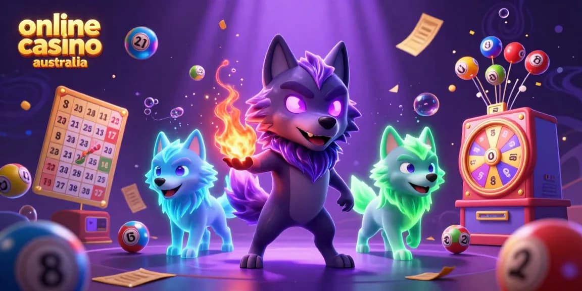 Experience the thrill of online casino Australia with energetic gameplay and vibrant lottery elements in this dynamic illustration.