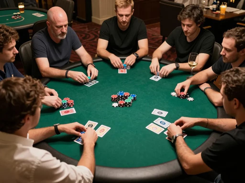 Engaged players at a poker table during a game night at home, showcasing an LC88 betting strategy