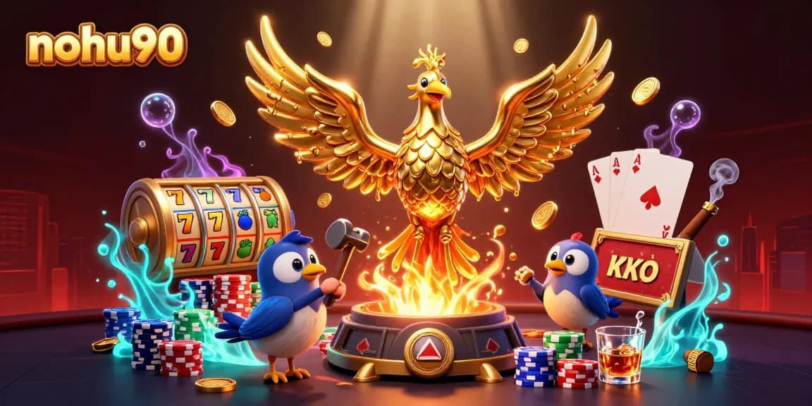 Nohu90 features a golden phoenix in a dynamic casino scene filled with jackpots and vibrant slot elements.