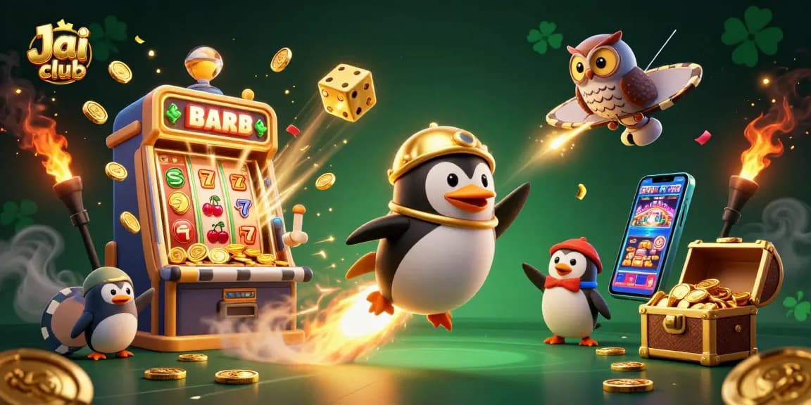 Engage with Jai club's thrilling gaming experience featuring a golden penguin and dynamic casino elements.