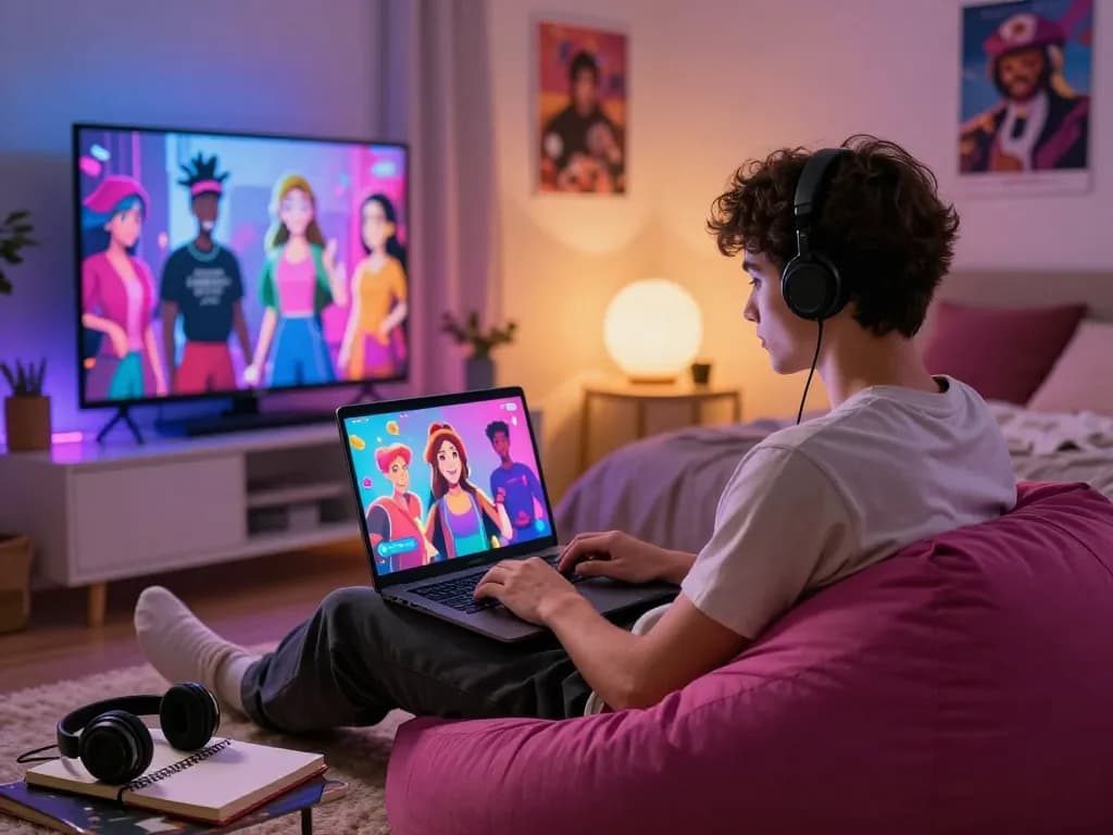 Interactive user engaging in free AI sex chat with a responsive NSFW companion on a cozy, tech-savvy setup.