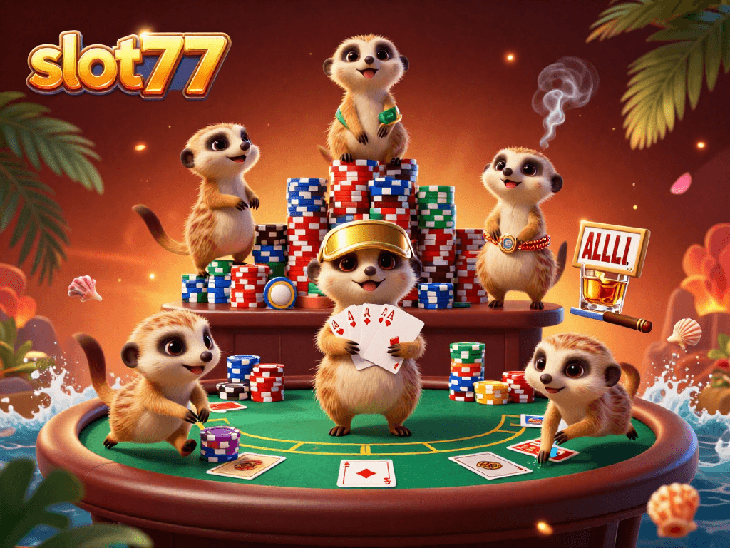 Experience the thrill of slot777 as meerkats manage a lively casino scene with vibrant poker elements.