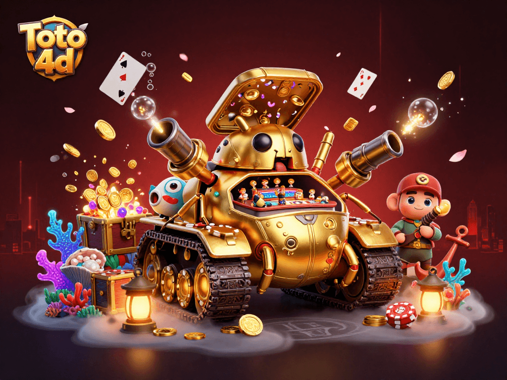Toto 4d propels the excitement of a casino scene packed with gold coins and vibrant treasures.