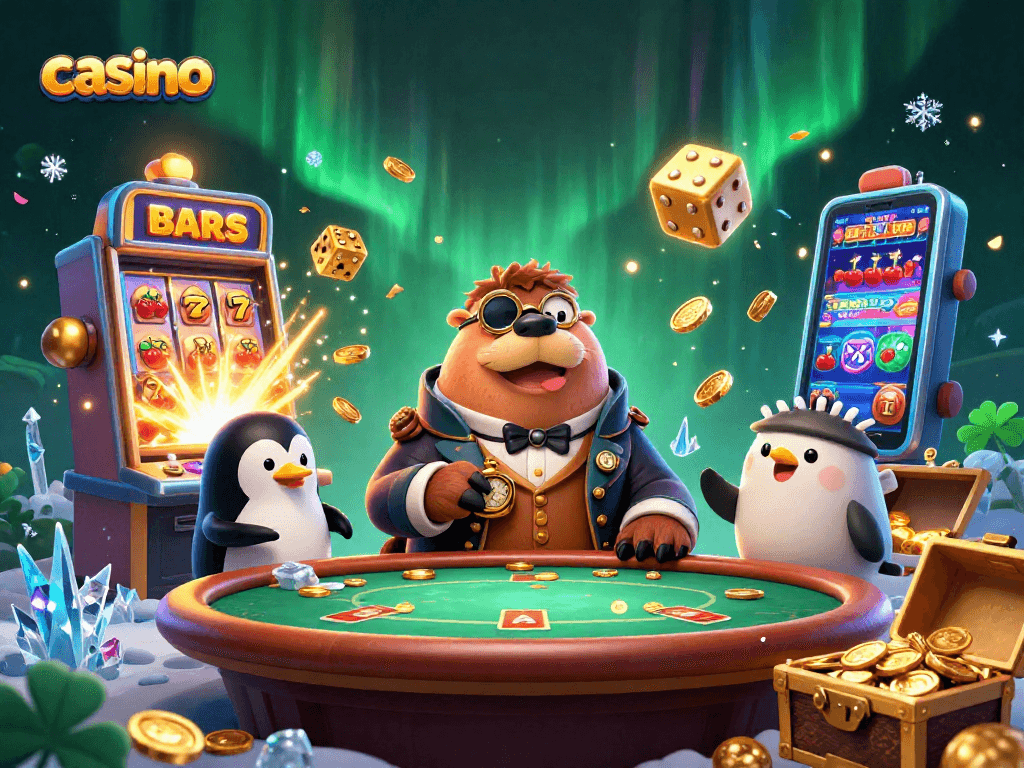 Join the fun at a lively casino scene featuring a jolly walrus, sophisticated penguin dealer, and a bluffing pufferfish.
