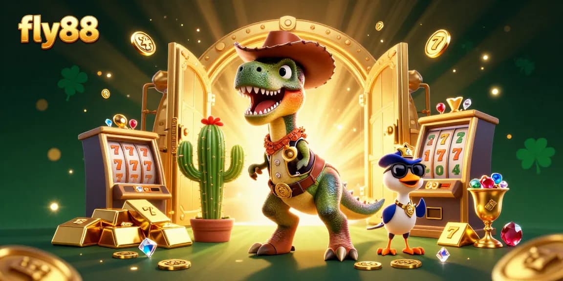 Experience the fun and excitement of fly88 with lively casino elements and cartoon characters in a colorful 3D illustration.