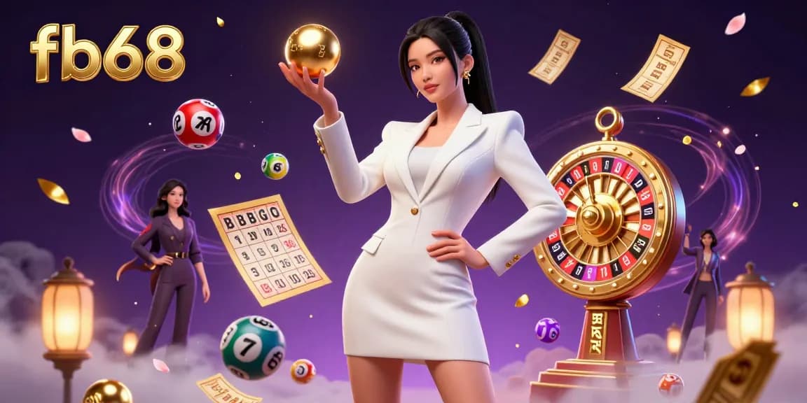 Experience the thrill of fb68 casino with a vibrant joint featuring a stylish Asian woman holding a roulette ball surrounded by lively game elements.