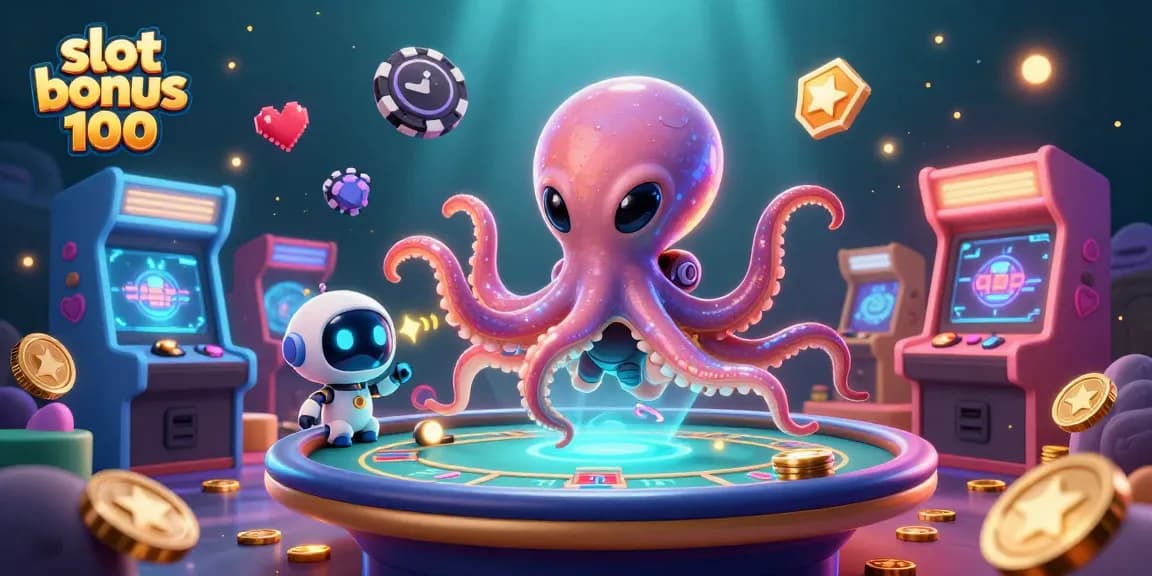 Experience slot bonus 100 with a vibrant 3D alien octopus at a dynamic poker table.