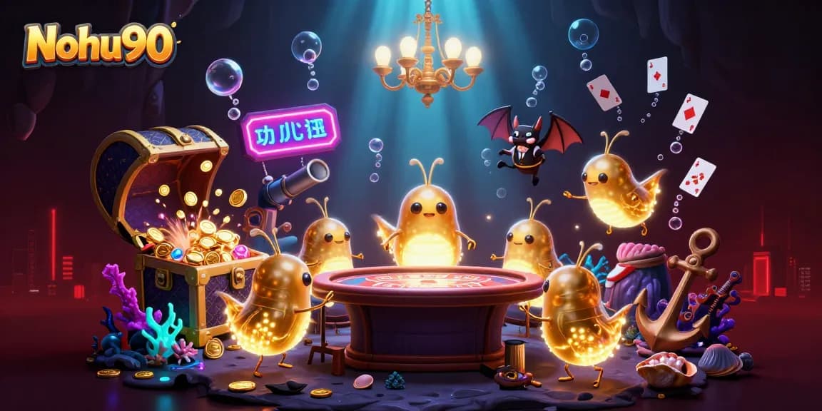 Experience Nohu90's vibrant casino atmosphere with glowworms and a bat dealer in this colorful illustration.