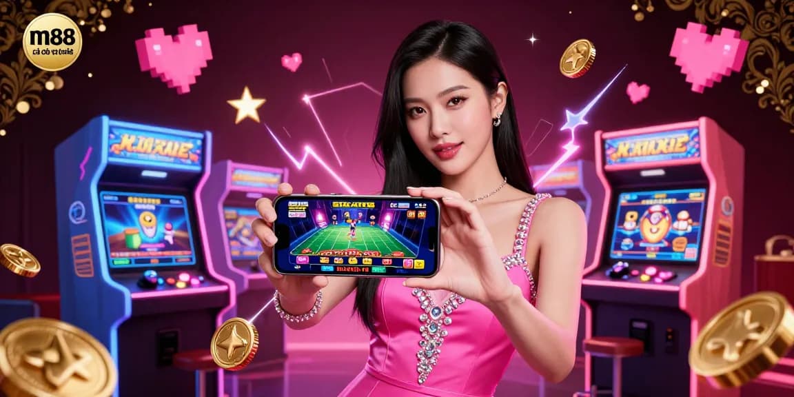 Tham gia m88 cá cược trực tuyến với cảnh sắc sống động thể hiện các trò chơi casino, máy game, và những yếu tố tương tác.