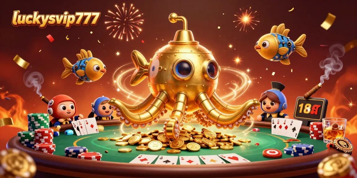 Experience the excitement of luckysvip777 with a dynamic scene featuring a golden kraken submarine amidst casino elements.