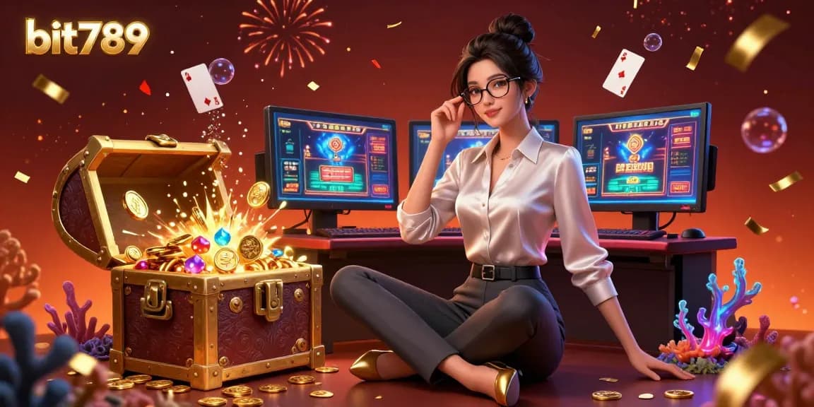 Experience the thrill of gaming at bit789 with a dynamic scene of an elegant Asian woman in gaming setup surrounded by vibrant casino elements.