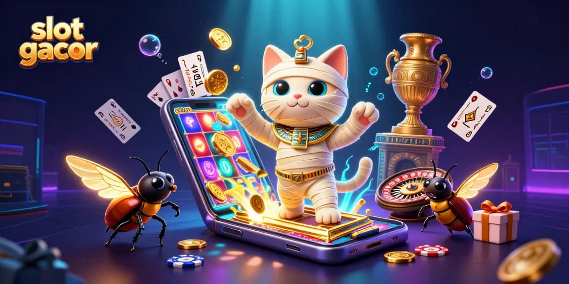 Experience the thrill of slot gacor with a vibrant casino scene featuring a mummy cat and golden elements.