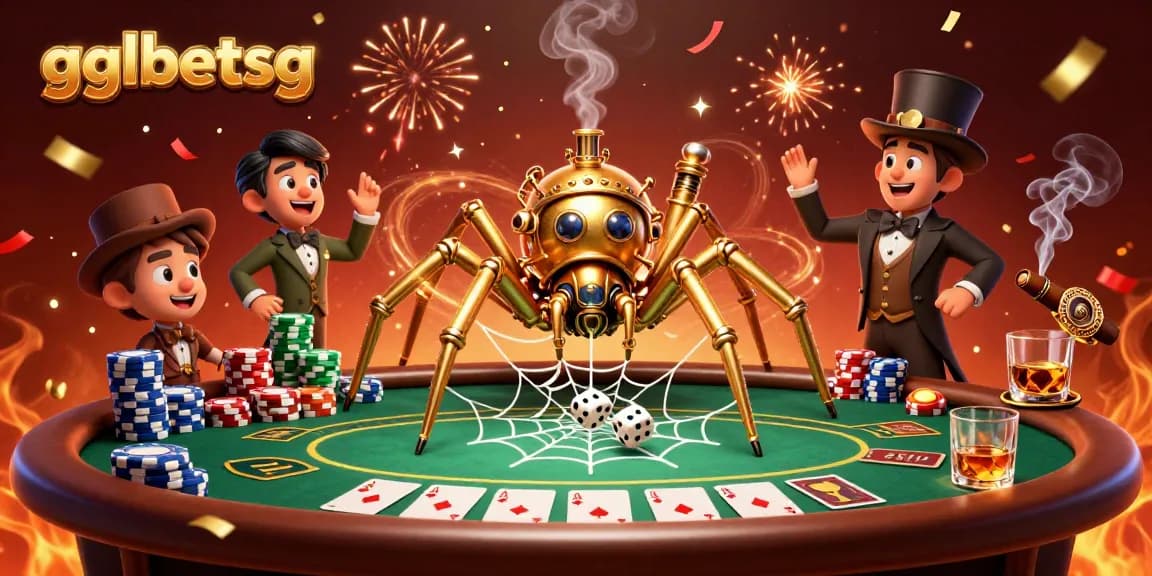 gglbetsg captures the excitement of poker with a steampunk spider in a dynamic betting scene.