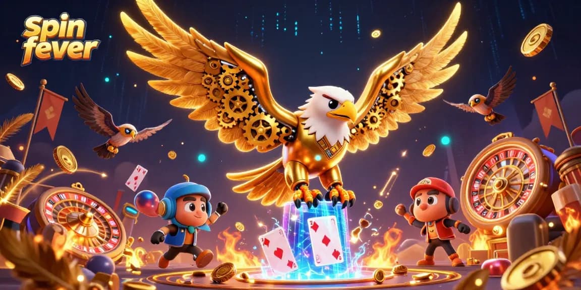 Spin fever takes flight with a golden eagle soaring through casino excitement, playing cards and chips swirling around.
